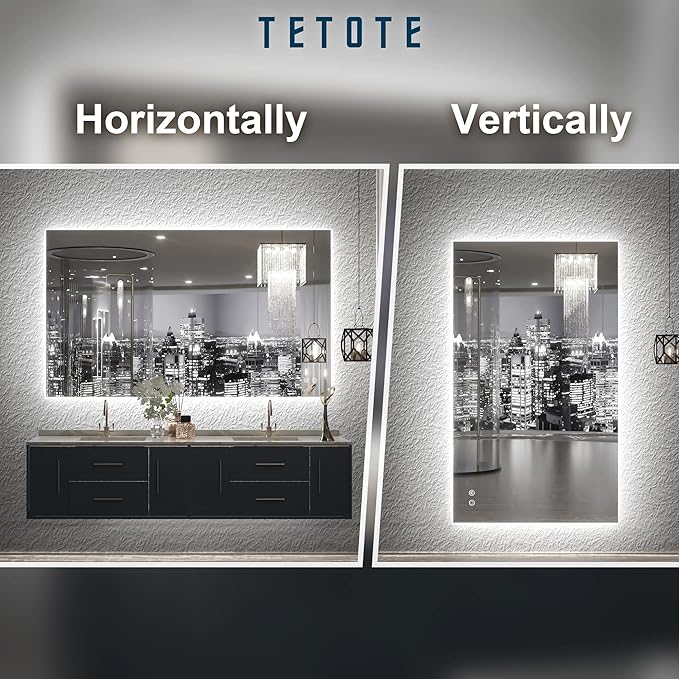 TETOTE 40 x 24 LED Backlit Vanity Mirror Bathroom,3Color White/Warm/Natural,Anti-Fog Lighted Mirror,Dimmable,Wall Mounted