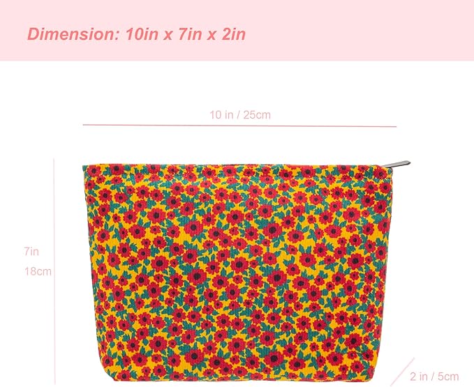 PAZIMIIK Makeup Bag Large Zipper Corduroy Make Up Pouch for Purse Travel Canvas Cosmetic Organizer for Women Brush Storage,Floral Red