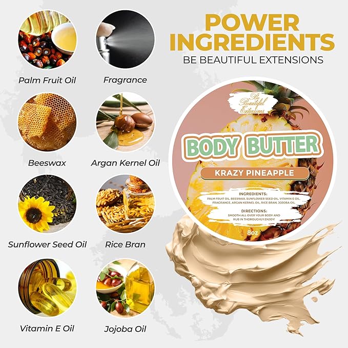 body butter krazy pineapple scent long -lasting fragrance,hydrate skin jojoba oil and more 8oz