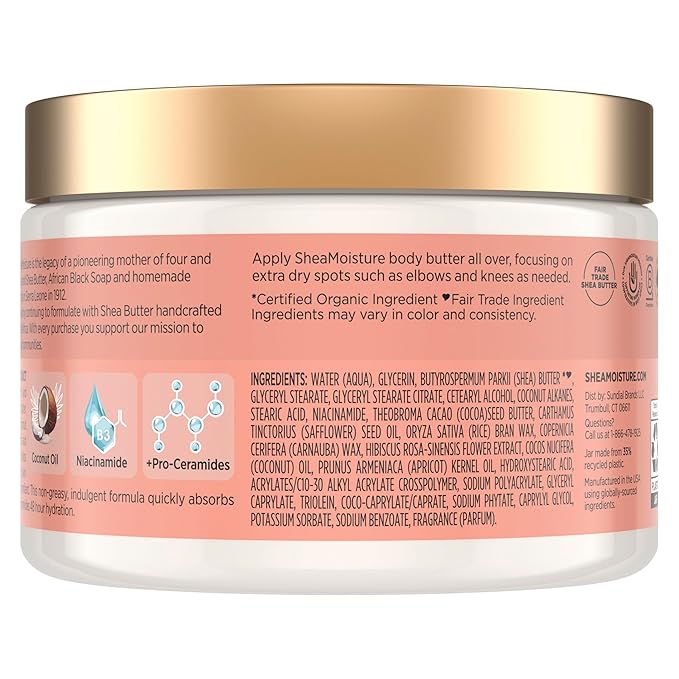 SheaMoisture Illuminating Body Butter with Coconut & Hibiscus, Niacinamide and Pro-Ceramides, Renewing Skin’s Natural Glow, 48H Moisturizing 11.5 oz