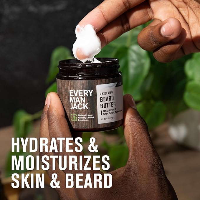 Every Man Jack Unscented Beard Butter - Fragrance Free for Sensitive Skin - Rejuvenates, Hydrates, and Styles Dry, Unruly Beards - Naturally Derived with Shea Butter and Coconut Oil - 4oz (2 Pack)