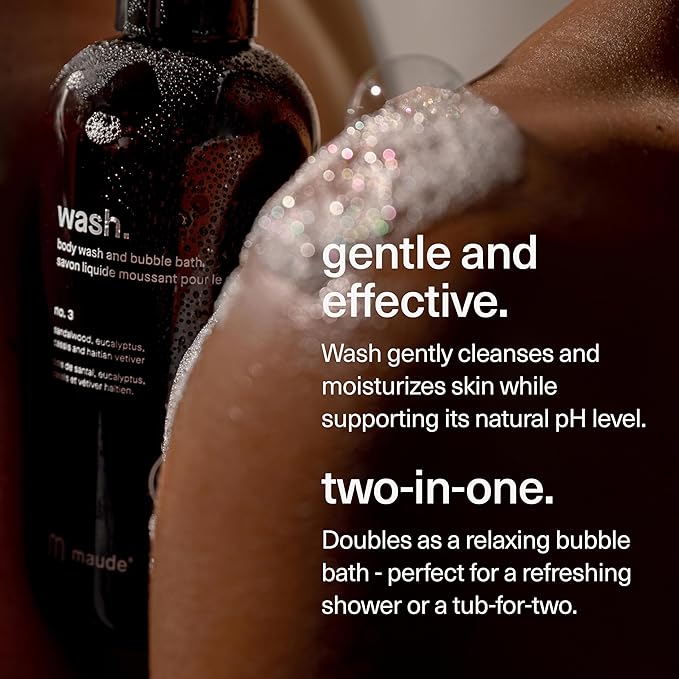 MAUDE Fragrance-Free Bathtime Bundle - pH Balanced Body Wash and Bubble Bath with Omega 3 and Vitamin B3 (12 oz) + Full Body Massage Oil Organic Blend of Jojoba, Coconut, Argan & Castor Oil (4 oz)