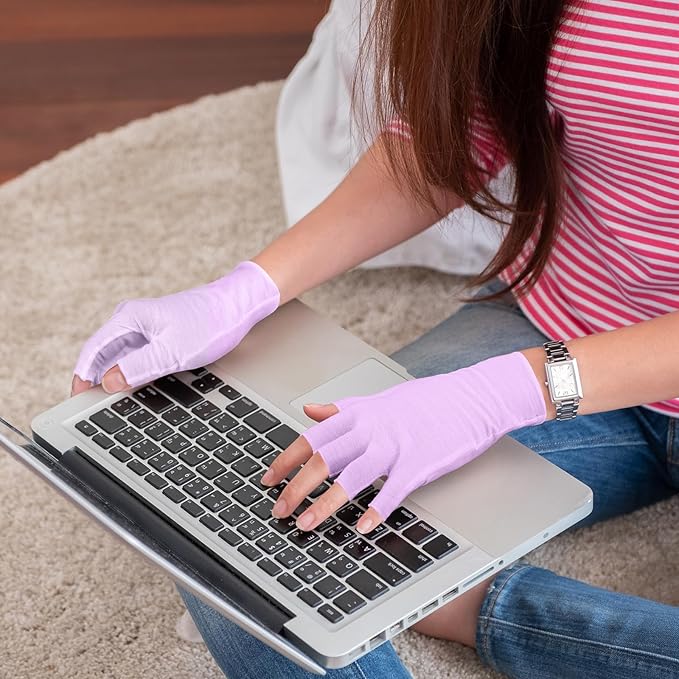 Geyoga 6 Pairs Fingerless Moisturizing Gloves Eczema Cotton Gloves for Adults Half Finger Touchscreen Lotion Overnight Dry Hands for Women Sleeping(Pink)