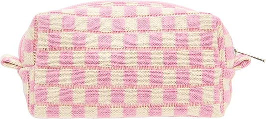 PAZIMIIK Checkered Makeup Bag for Purse Portable Zipper Make Up Pouch Small Cosmetic Case for Travel Accessories Pink Beige