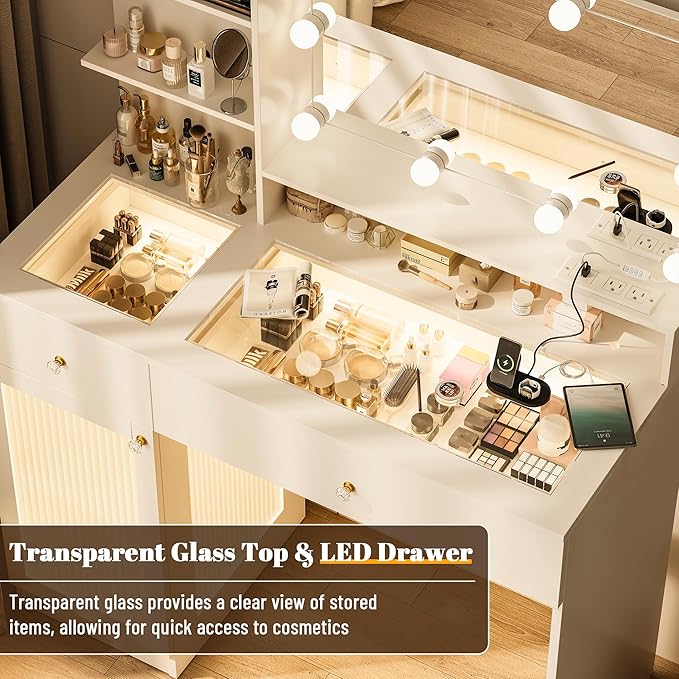 40" Vanity Desk with Large Mirror and Lights, Modern Glass Top Makeup Vanity Set with Power Outlet, Drawers and Cabinet, 3 Lighting Color Adjustable Dressing Table for Bedroom,White