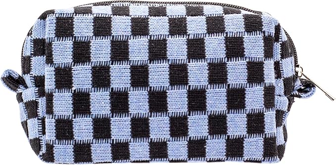 PAZIMIIK Checkered Makeup Bag for Purse Portable Zipper Make Up Pouch Small Cosmetic Case for Travel Accessories (Blue Black)