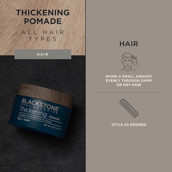 Blackstone Men's Grooming Hair Thickening Pomade - Pliable Hold with Matte Finish | Paraben & Cruelty-Free | Made in USA, Sea + Surf Scent (4 Oz)