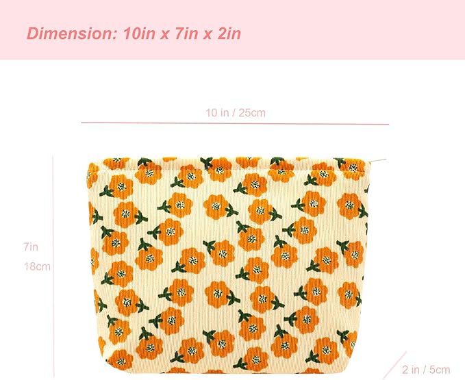 PAZIMIIK Makeup Bag Large Zipper Corduroy Make Up Pouch for Purse Travel Canvas Cosmetic Organizer for Women Brush Storage,Flower Yellow