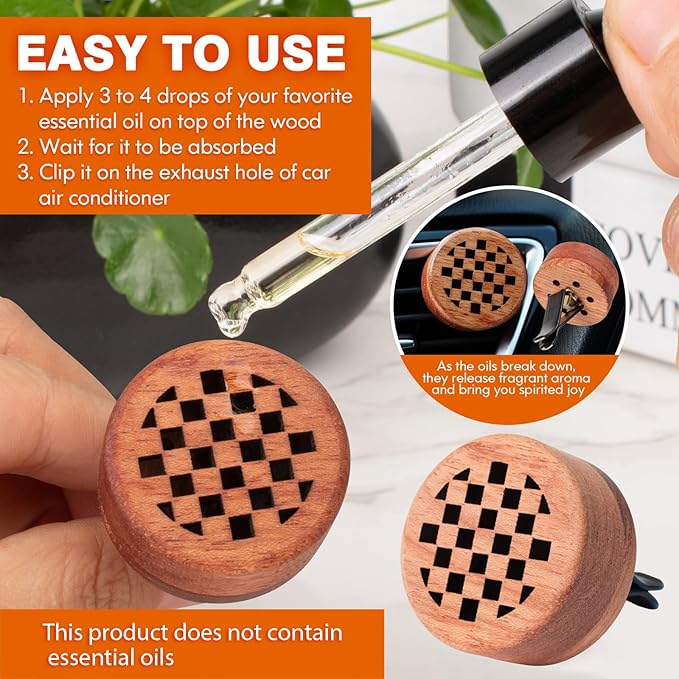 Essential Oil Car Diffuser, 2 PCS Checkered Car Aromatherapy Chequerboard Wood Diffuser with Vent Clip