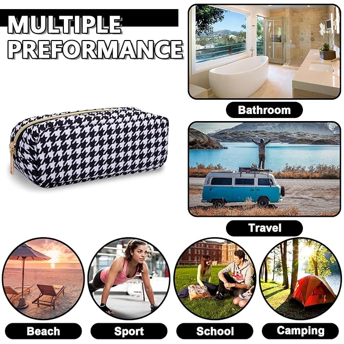 Small Pencil Case Makeup Bag for Purse, Cute Pencil Pouch Nylon Preppy Houndstooth Makeup Brush Bag with Zipper, Girl Portable Stationery Storage Case Small Pen Bag for Office School(Slim-Houndstooth)