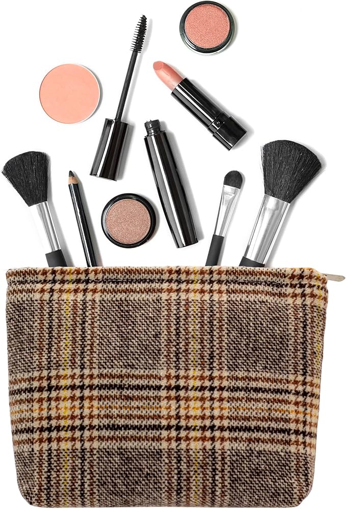 Makeup Bags for Purse Zipper Cosmetic Pouch Large Travel Canvas Make Up Organizer Tool Pouch for Women and Girls,Plaid Brown