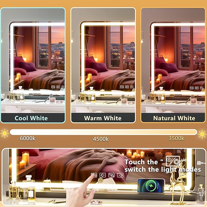 Hasipu Vanity Mirror with Lights and Bluetooth Speaker, 32" x 21.7" LED Makeup Mirror, Lighted Makeup Mirror with Dimmable 3 Modes, USB Charging Port, Round Black