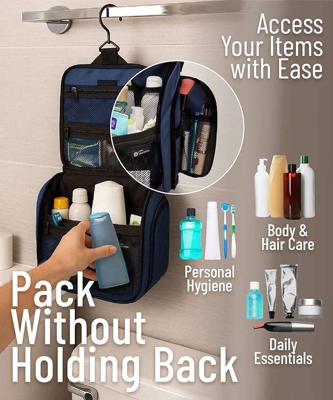 D&D Hanging Travel Toiletry Bag for Men and Women – Large Cosmetics, Makeup and Toiletries Organizer Kit with 10 Compartments, YKK Zippers, XXL Metal Swivel Hook, Water-Resistant Nylon