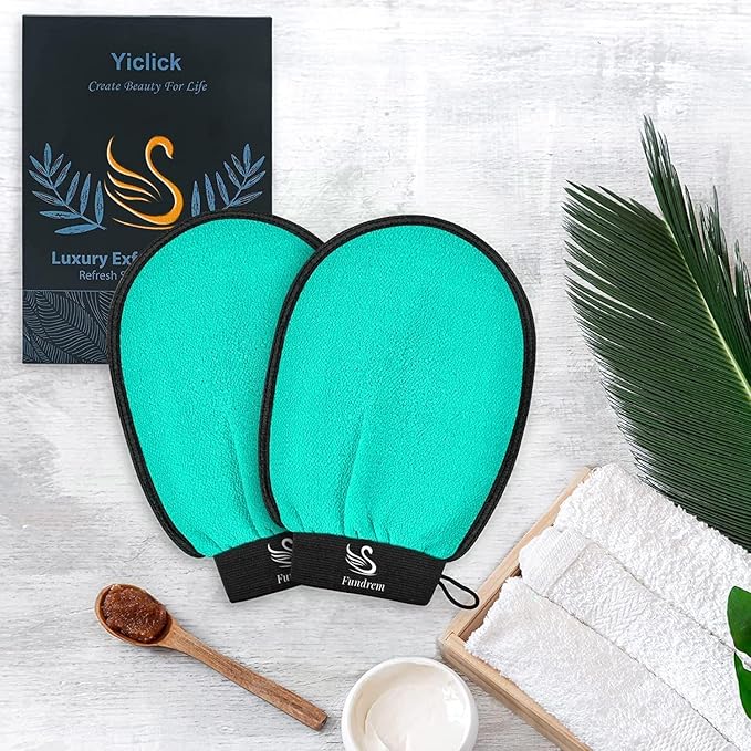 Exfoliating Gloves 2 Pcs, Exfoliating Body Scrubber for Bath Shower Exfoliation, Body Scrub Exfoliator Loofah Sponge for Dead Skin Remover, Korean Exfoliating Mitt (Green)