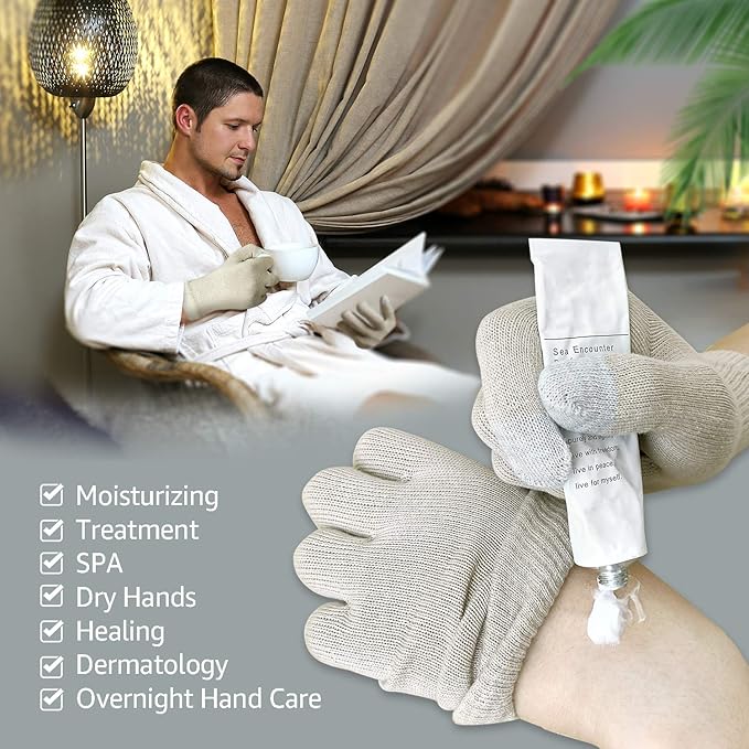 Evridwear Unisex Moisturizing Cotton Gloves with Touchscreen Fingertips for Eczema Beauty Cosmetic Dry Hands Sensitive Irritated Skin Therapy Overnight Bedtime, 6 Pairs, Lightweight-Beige, L/XL