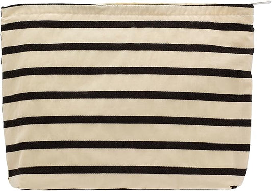 PAZIMIIK Floral Makeup Bag Large Cotton Zipper Pouch for Purse Travel Canvas Make Up Organizer for Women Cosmetic,Stripe White