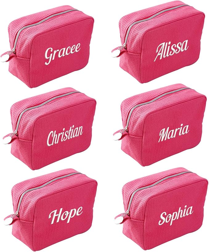 GOPHIE Personalized Embroidered Makeup Bag,Custom Waffle Fabric Cosmetic Pouch for Women, Travel Makeup Pouch (6, Hot Pink)