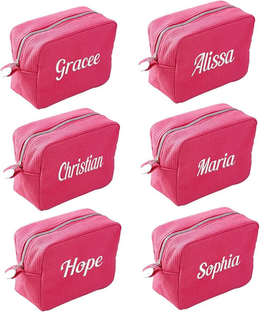 GOPHIE Personalized Embroidered Makeup Bag,Custom Waffle Fabric Cosmetic Pouch for Women, Travel Makeup Pouch (6, Hot Pink)