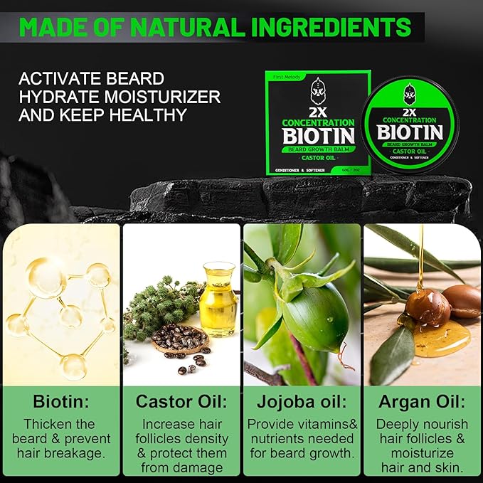 Beard Balm, 2X Thickening Biotin, with Castor Oil and Argan & Jojoba Oils, Promotes Beard Growth, Styles, Strengthens & Softens Beards & Mustaches, 2 Ounce, Vanilla, Cedar, Orange