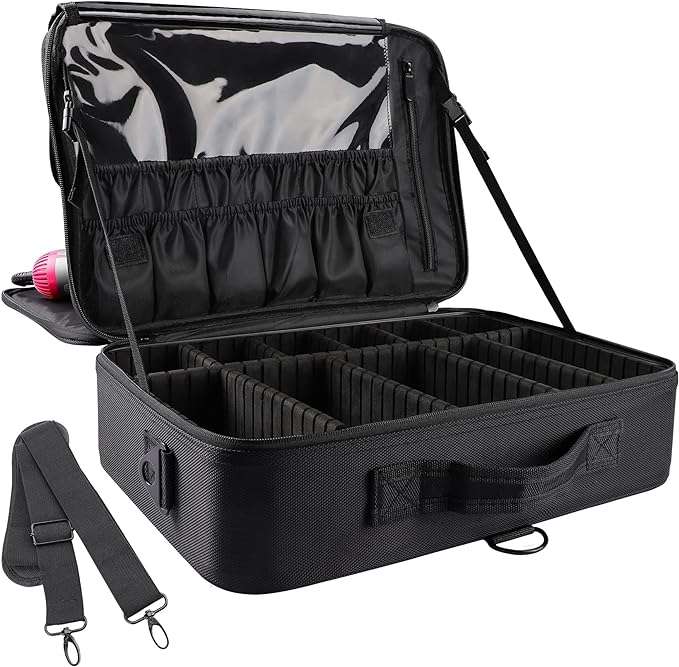 JOURMON Travel Makeup Case Portable Makeup Train Case Organizer Cosmetic Bag with Adjustable Dividers and Shoulder Strap for Makeup Brushes Toiletry Travel Accessories(Pure Black, L)