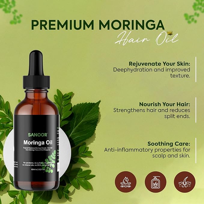 Moringa Miracle Oil | FBA Approved | 100% Pure & Cold-Pressed | Deeply Hydrating Oil for Hair & Skin with Natural Nutrient-Rich Hair Butter for Strength & Shine | 2.02oz (60ml)