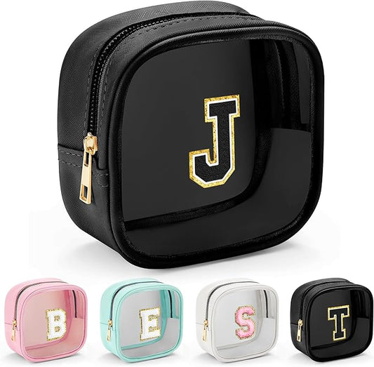 YOOLIFE Mini Clear Makeup Bag Initial Waterproof Travel Toiletry Bag, Clear Makeup Bag Travel Essentials Gifts for Women Girlfriend Teacher Appreciation Gifts Clear Travel Bag Nurse Pack Black J