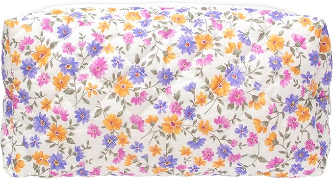 PAZIMIIK Vintage Quilted Makeup Bag Cosmetic Pouch for Brushes Pencils and Travel Make Up Accessories for Women and Girls,Little flower