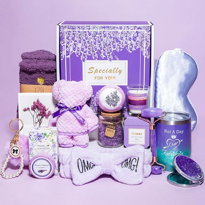 Birthday Gifts for Women,Gifts for Her Purple Gifts Basket for Women Happy Birthday Lavender Relaxing Gift Set Self Care Package Unique Female Gift Ideas Birthday Presents Female Friendship Gifts