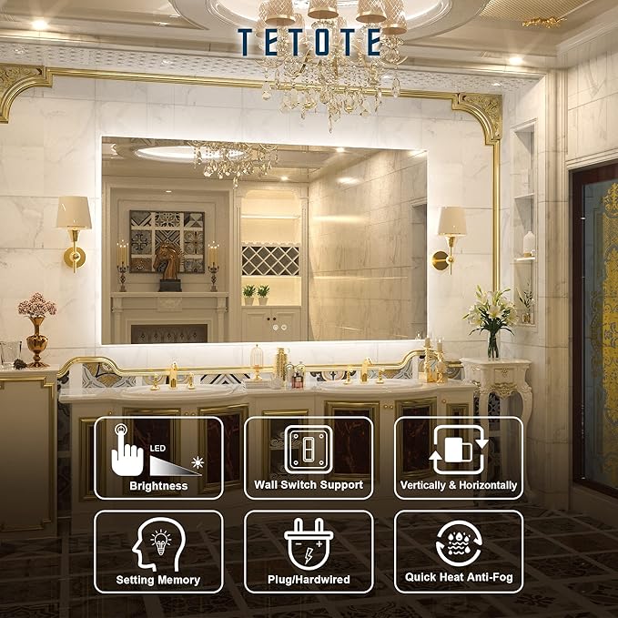 TETOTE 60 x 36 Inch LED Backlit Bathroom Vanity Mirror with Light,Anti-Fog,Dimmable,CRI90+,Touch Button,Water Proof,Large,Lighted Mirror,Horizontal/Vertical Wall Mounted