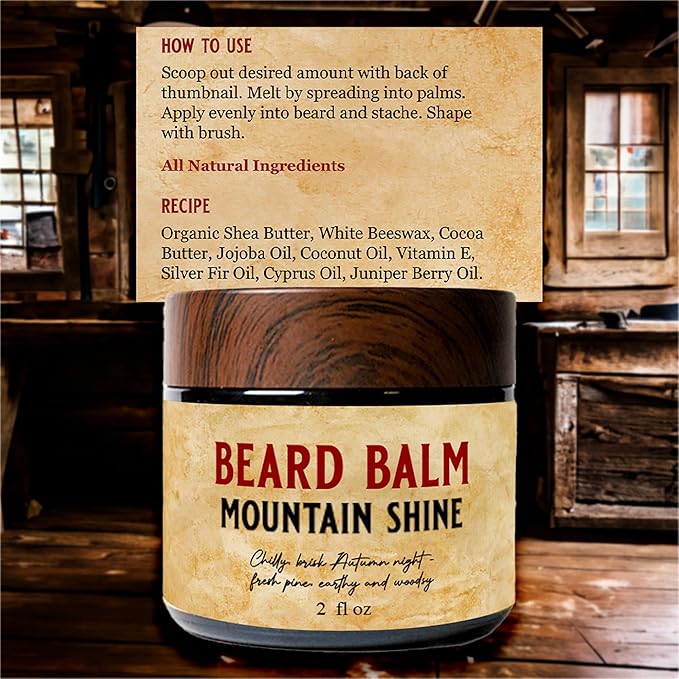 Whiskey & Granite Beard Balm – Made in USA - 100% Natural, Scented Beard Styling Balm for Men, 2 oz (Mountain Shine)