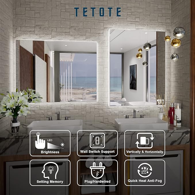 TETOTE 24 x 32 Inch LED Backlit Bathroom Vanity Mirror,Anti-Fog,Dimmable,CRI90+,Touch Button,Water Proof,Horizontal/Vertical Wall Mounted with Light