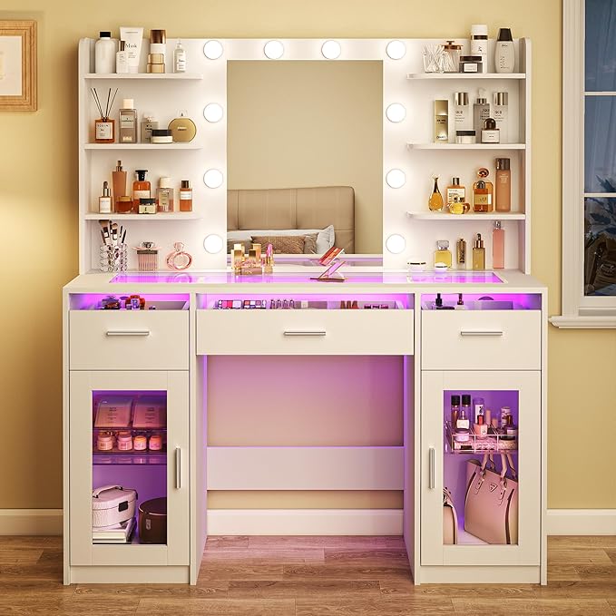 HUAHUUU Vanity Desk, Makeup Vanity Desk with Mirror and Lights 3 Colors, Transparent Top with 3 RGB Drawers, 6 Shelves, 2 Large Tempered Cabinets, Power Outlet, for Bedroom, White