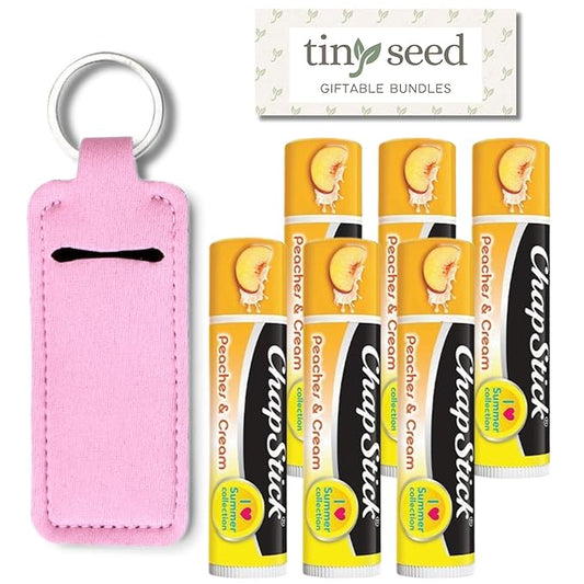Peaches and Cream Chapstick 6-Pack. Includes Bonus Lip Balm Holder Keychain (Pink). Limited Edition Flavor from the Chapstick I Love Summer Collection, Unique Gift Bundle from Tiny Seed