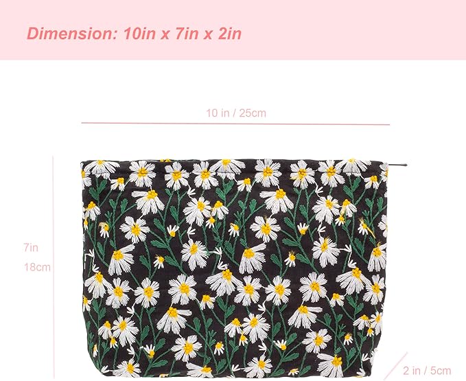 Makeup Bags for Purse Zipper Cosmetic Pouch Large Travel Canvas Make Up Organizer Tool Pouch for Women and Girls,Daisy Black