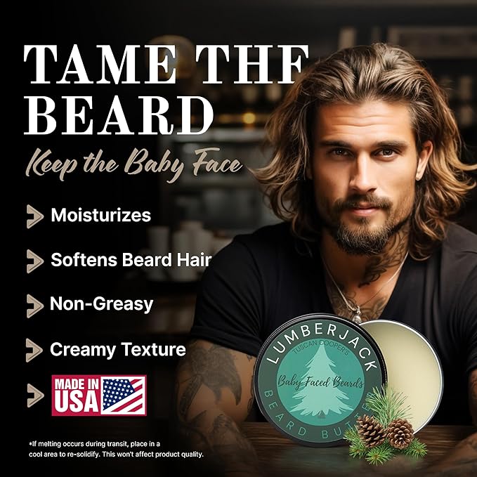 Tuscan Cooper's Baby Faced Beards Butter for Men - Moisturizing Beard Balm Cream and Softener for All Hair Types Including Coarse Hair - 4oz Hydration and Conditioning Care - Lumberjack Scent