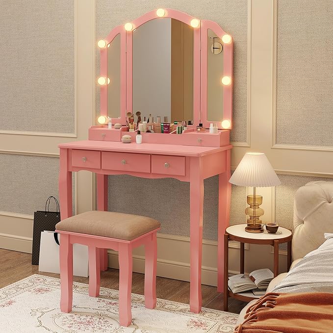Vanity with Lights Girls Vanity Desk Set with Drawers Makeup Vanity Desk with Mirror and Lights Make Up Pink Makeup Vanity for Girls Table with Stool