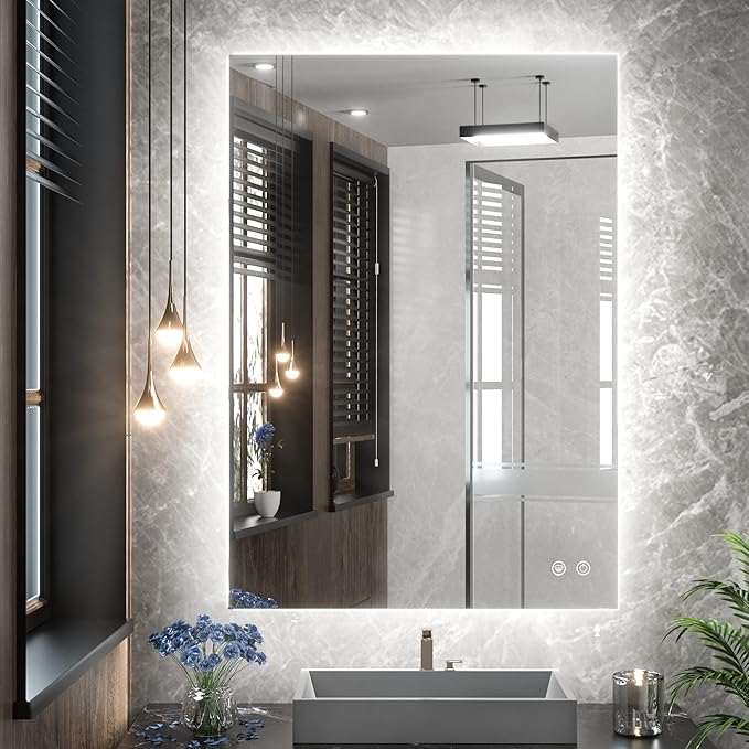 TETOTE 20 x 28 LED Backlit Bathroom Mirror with Light,3Color White/Warm/Natural,Anti-Fog Lighted Mirror,Dimmable,Vanity Mirror,Wall Mounted