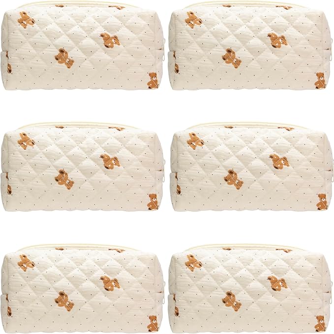 PAZIMIIK 6PCS Vintage Quilted Makeup Bag SET Cosmetic Pouch for Brushes Pencils and Travel Make Up Accessories for Women and Girls Bear Beige