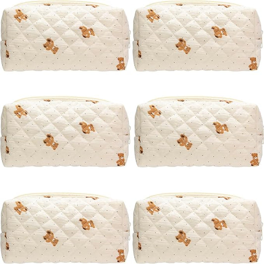 PAZIMIIK 6PCS Vintage Quilted Makeup Bag SET Cosmetic Pouch for Brushes Pencils and Travel Make Up Accessories for Women and Girls Bear Beige