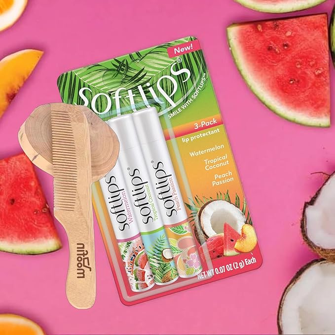 SoftLips Lip Balm, 0.63 oz - Tropical Lip Balm in Hydrating Watermelon, Coconut & Peach Flavors with Shea Butter & Vitamin E, Bundle with Moofin Wooden Comb, Nourishing LipBalm Set (Pack of 1)