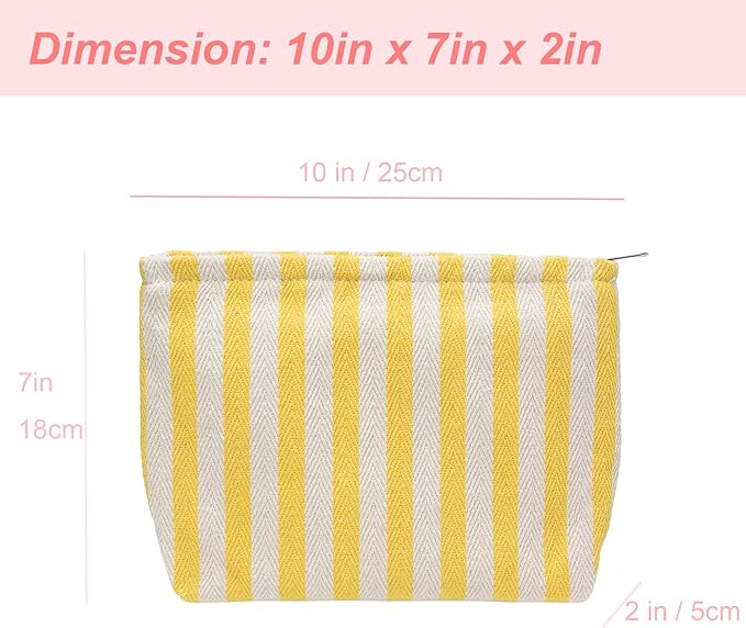 PAZIMIIK Makeup Bag Large Cotton Zipper Pouch for Purse Travel Canvas Make Up Organizer for Women Cosmetic,Stripe Yellow