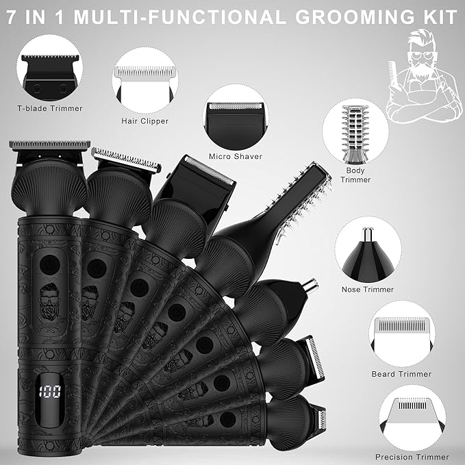 Beard Trimmer for Men Professional Mens Beard Grooming Kit T-Blade Trimmer Electric Shaver Razor Nose Body Trimmer Hair Cutting Kit Cordless 7 in 1 Black