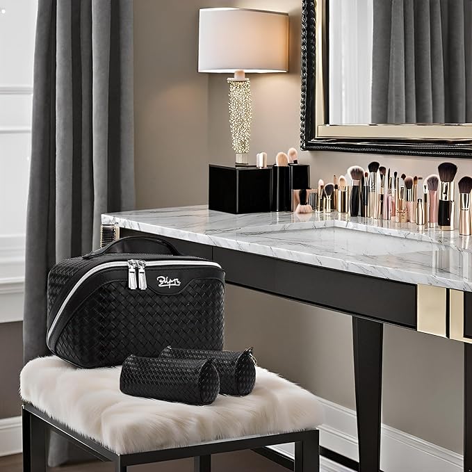 BOYATU Travel Makeup Bags for Women: 3 Pcs Large Make up Bags Set - Vegan Leather Cosmetic Bag for Traveling - Waterproof Toiletry Organizer (L03 Black)