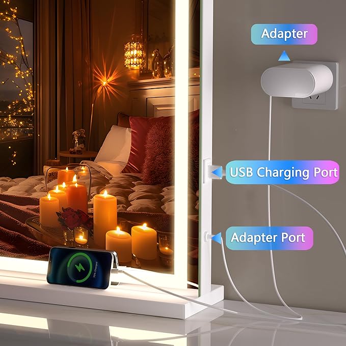 Hasipu Vanity Mirror with Lights and Bluetooth Speaker, 50" x 33.9" LED Makeup Mirror, Lighted Makeup Mirror with Dimmable 3 Modes, Touch Screen Control Vanity Mirror Square White