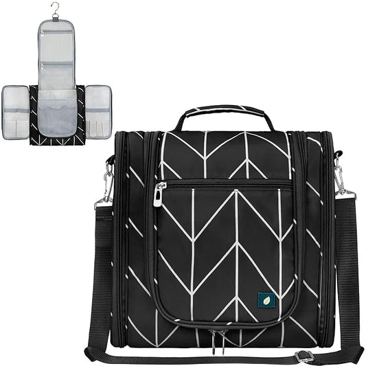 PAVILIA Extra Large Toiletry Bag Travel Bag for Women Men, Hanging Cosmetic Organizer, Water Resistant Makeup Bag for Accessories Toiletries, Travel Essentials Kit (Black Chevron)