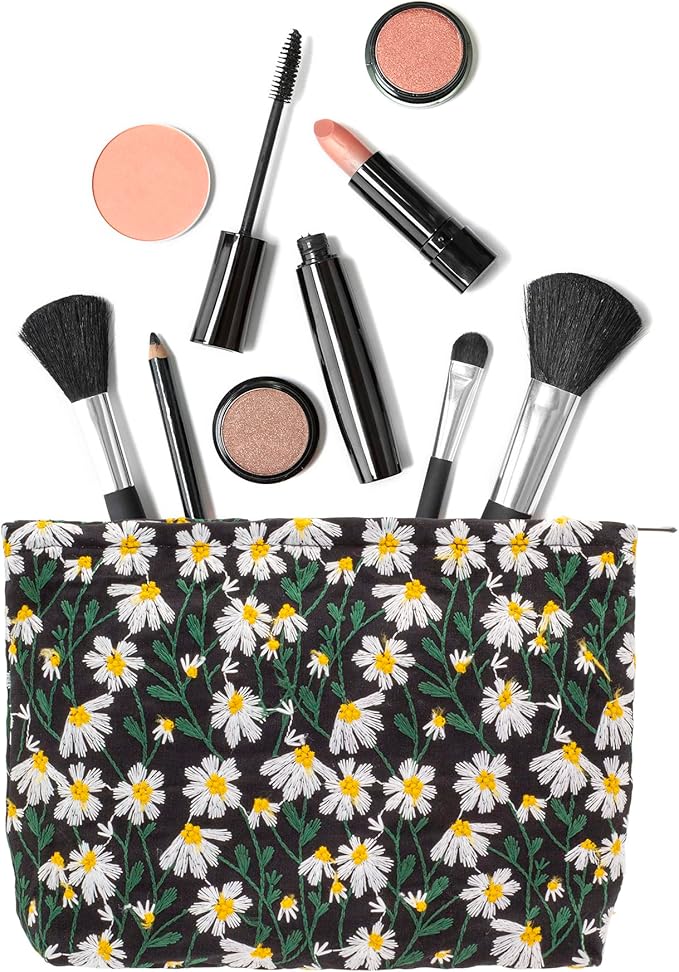 Makeup Bags for Purse Zipper Cosmetic Pouch Large Travel Canvas Make Up Organizer Tool Pouch for Women and Girls,Daisy Black