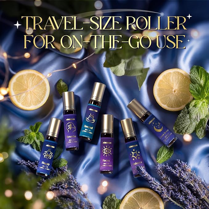Essential Oils Roll On Set, Natural Aromatherapy Oil Roller for Body, Skin, Massage, Essential Oil Blends - Sweet Dream, Unwind, Breahte, Balance, Focus, Happy, Gifts for Women