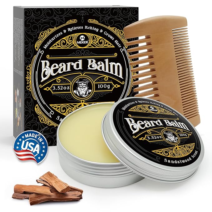 MEKER Beard Balm, Beard Softening Leave-in Balm with Brush, All-Natural Anti-Itch, Organic Beard Conditioner for Softening, Stops Itch, Grows, 3.52 OZ