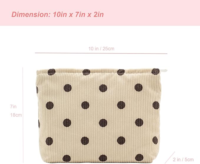 PAZIMIIK Makeup Bag Large Zipper Corduroy Make Up Pouch for Purse Travel Canvas Cosmetic Organizer for Women Brush Storage,Polka Dot Beige