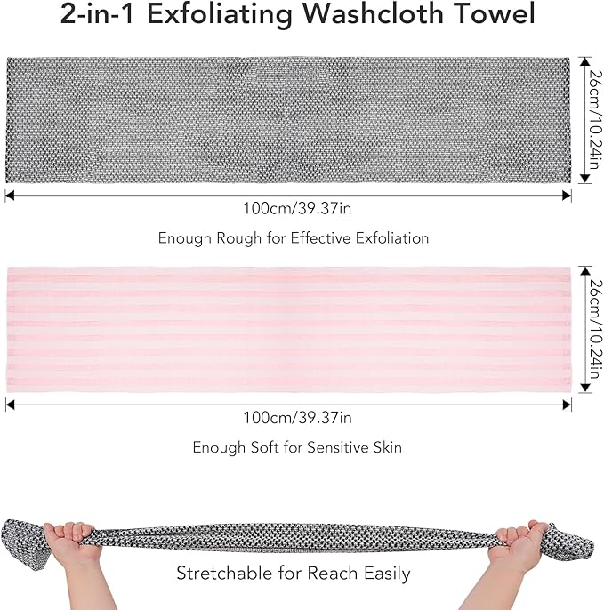 Exfoliating Washcloth Shower Towel - 2 Pack Back and Body Scrubbers for Smooth Skin | Quick-Drying, Durable, and Gentle for Sensitive Skin (Gray+Pink)